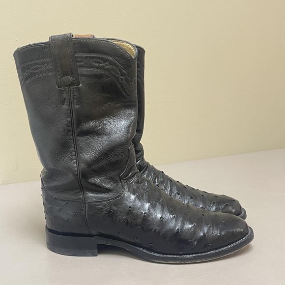 Justin Full Quill Ostrich Roper Boots Men 6.5D Black Leather Western Cowboy